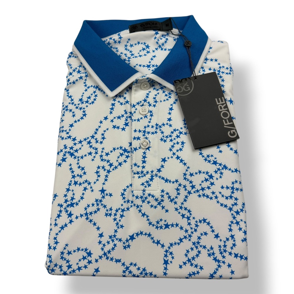G/FORE Mens Star Print Golf Polo Shirt Racer Blue White G4MF23K061D NWT Size‎ M